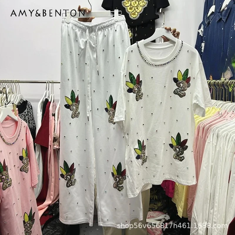 

New Heavy Industry Sequin Number Loose Short Sleeves T-shirts Outfits Elastic Waist Long Pants And Y2k Tees 2-Pieces Suit Female