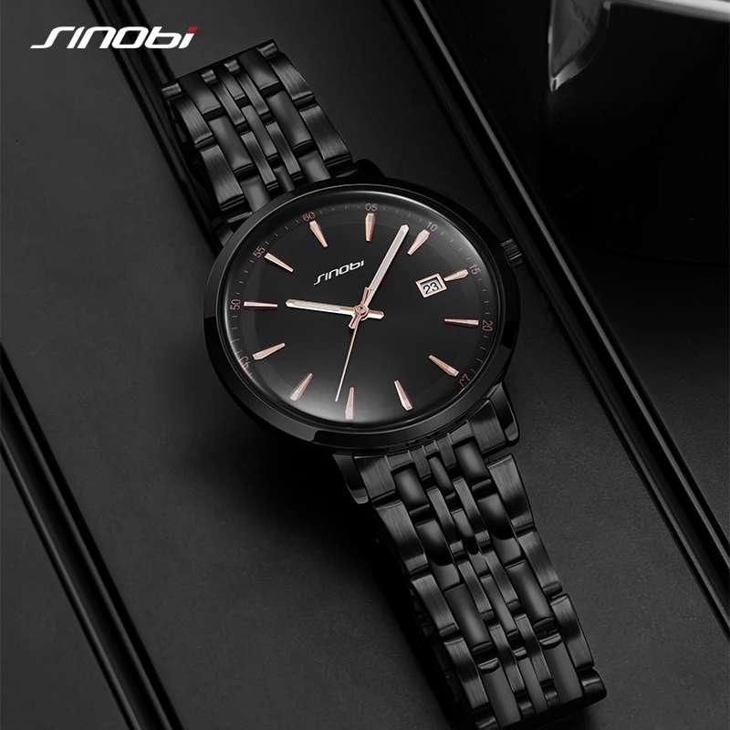 SINOBI Brand Business Men\'s Quartz Watches 38mm Dial Plate Stainless Steel Strap Calendar Date High Quality Men Wristwatch