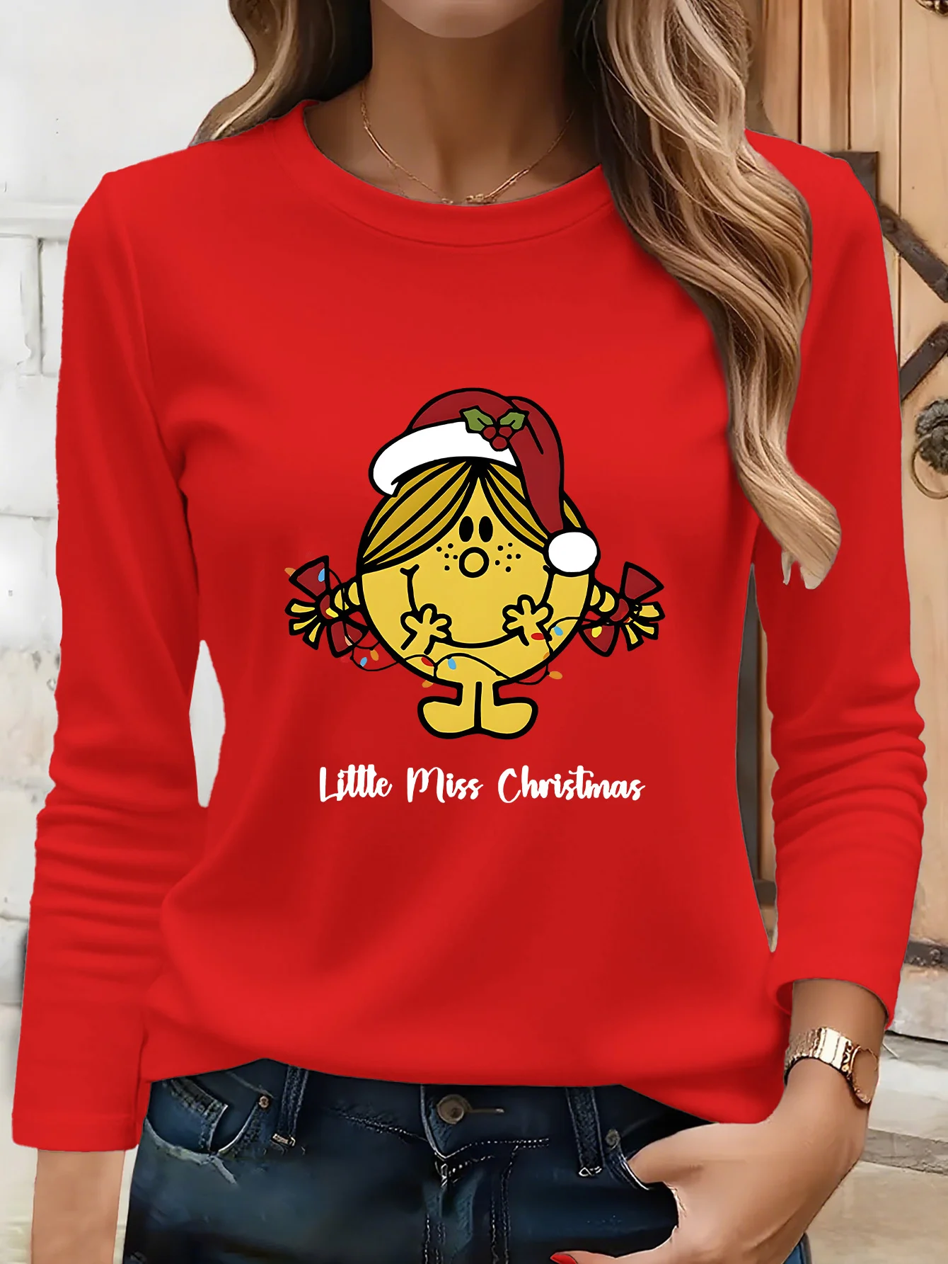 Damen Weihnachtskostüm Cartoon Print Sweatshirts Pullover Weich O-Ausschnitt Langarm Top Y2k Damenkleidung Übergroßes T-Shirt ﻿