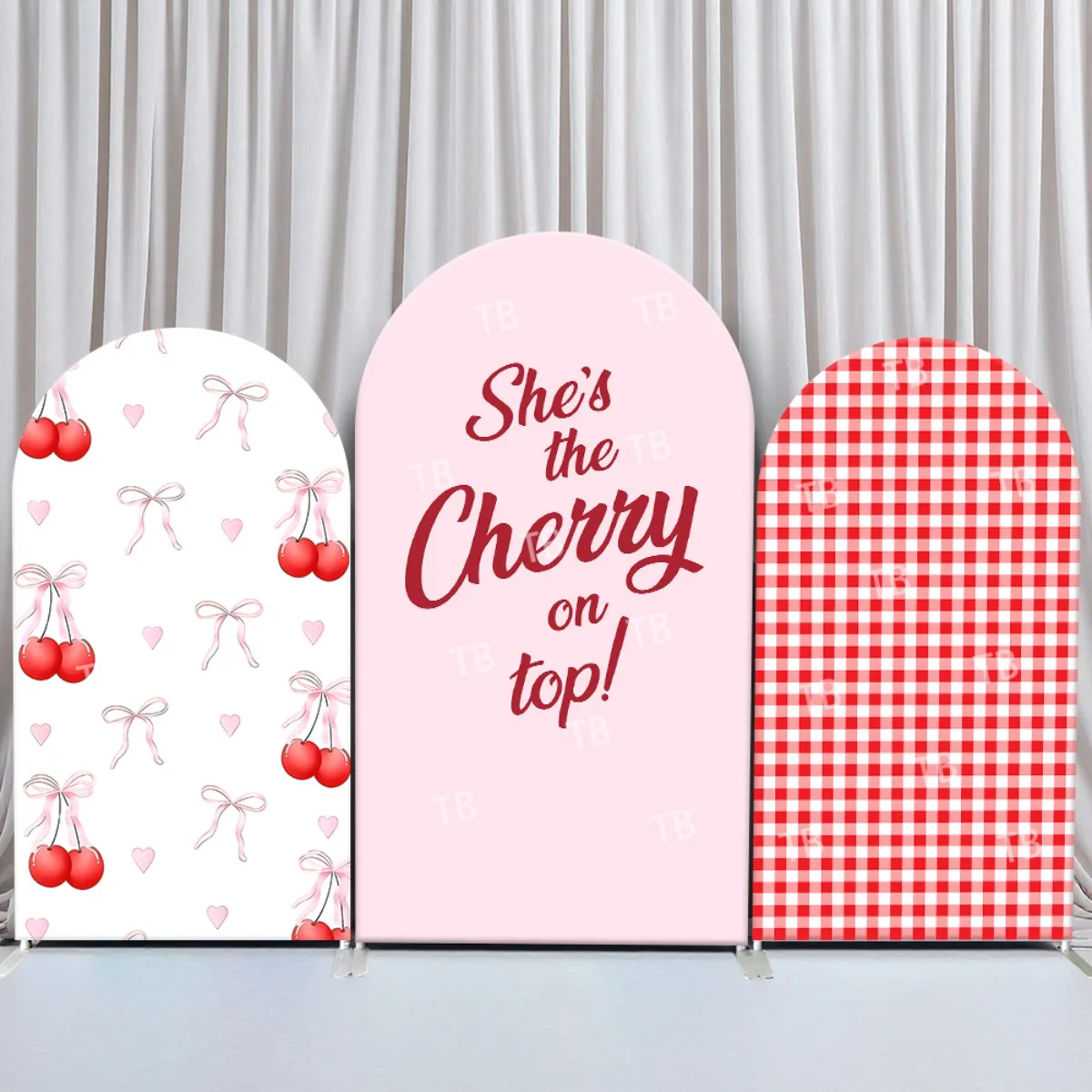 

TB Pink Cherry-Themed Arch Backdrop Cover for Wedding, Girl Birthday Party, Baby Shower Fabric Elastic Photograph Background