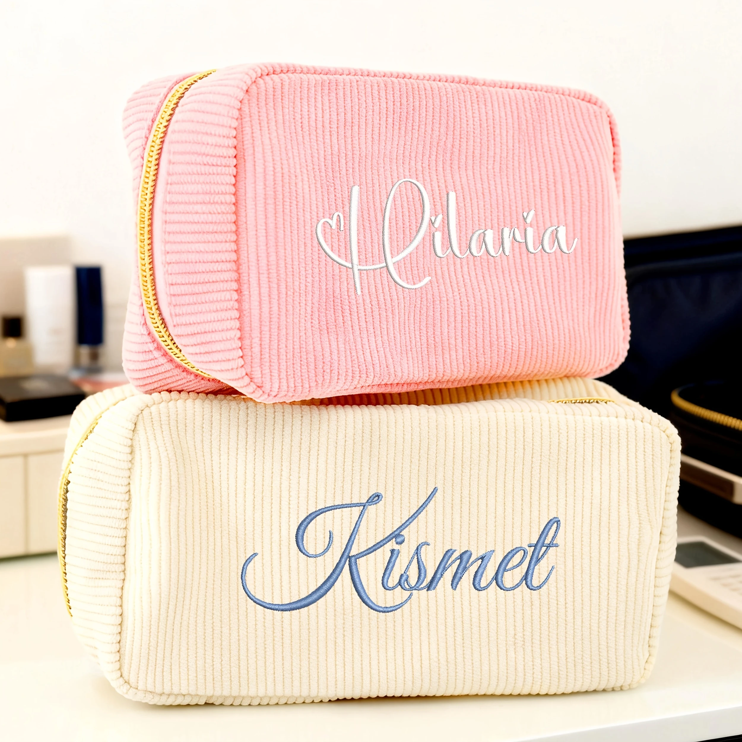 Embroidered Name Corduroy Makeup Bag Customized Women Cosmetic Bag Beauty Pouch Perfect Bridesmaid Gift for Wedding Celebration