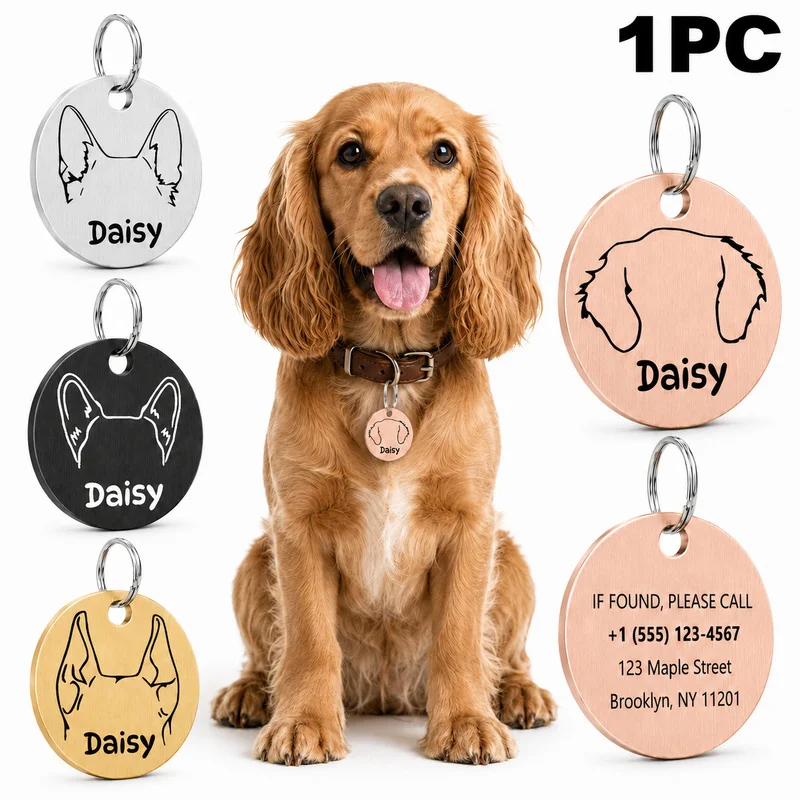 1‑piece pet ID tag with multiple dog ear illustrations, double‑sided custom‑engraved metal collar tag suitable for dogs and cats