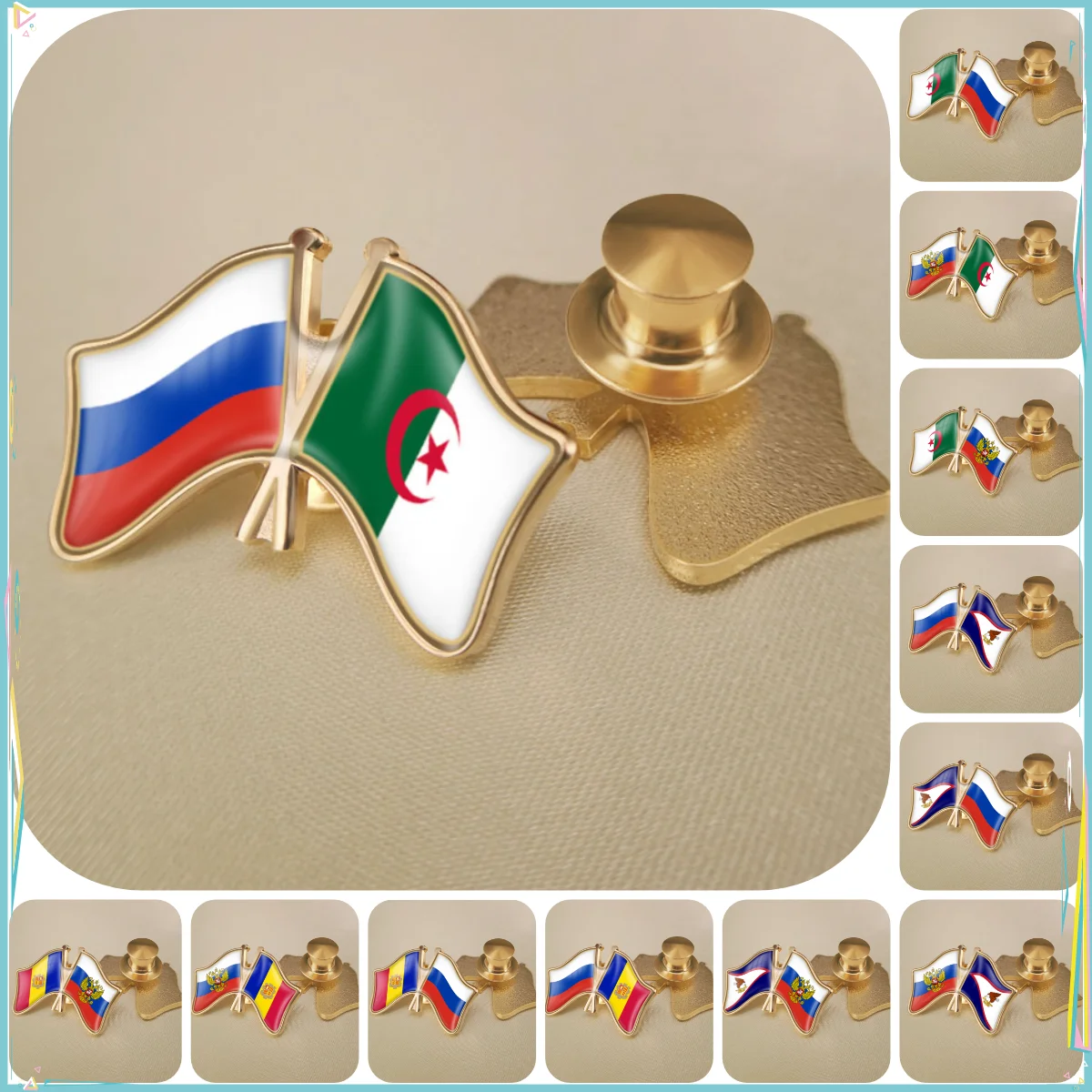 Russian Federation and Algeria American Samoa Andorra Double Crossed Friendship Flags Brooches Lapel Pins Badges