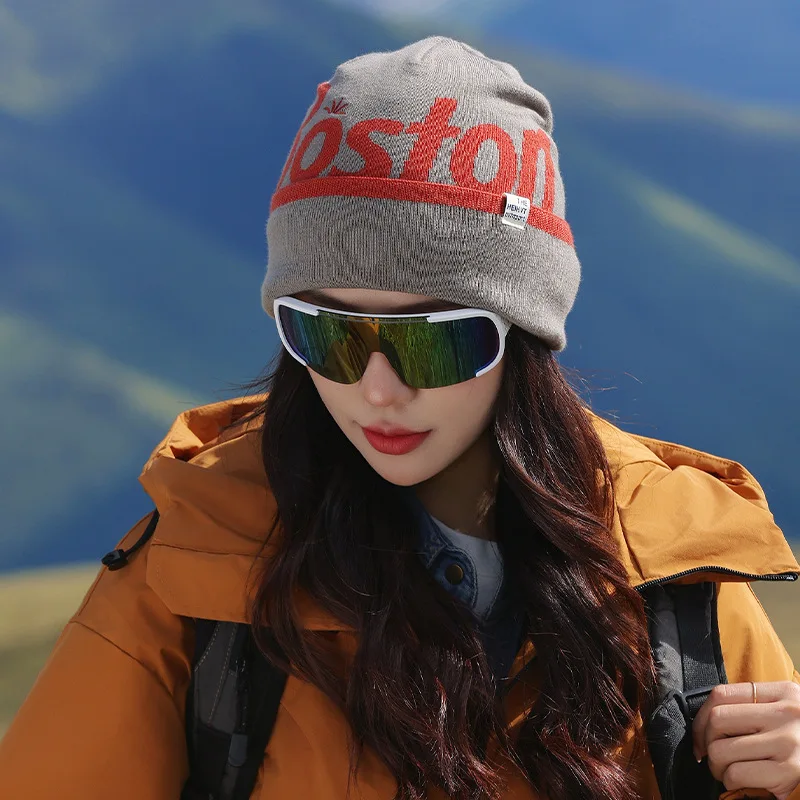 Women Boston Letter Jacquard Beanie, Thick Cuffed Knit Cap, Winter Warm Coldproof Slouchy Hat, Outdoor Thermal Ladies Headwear