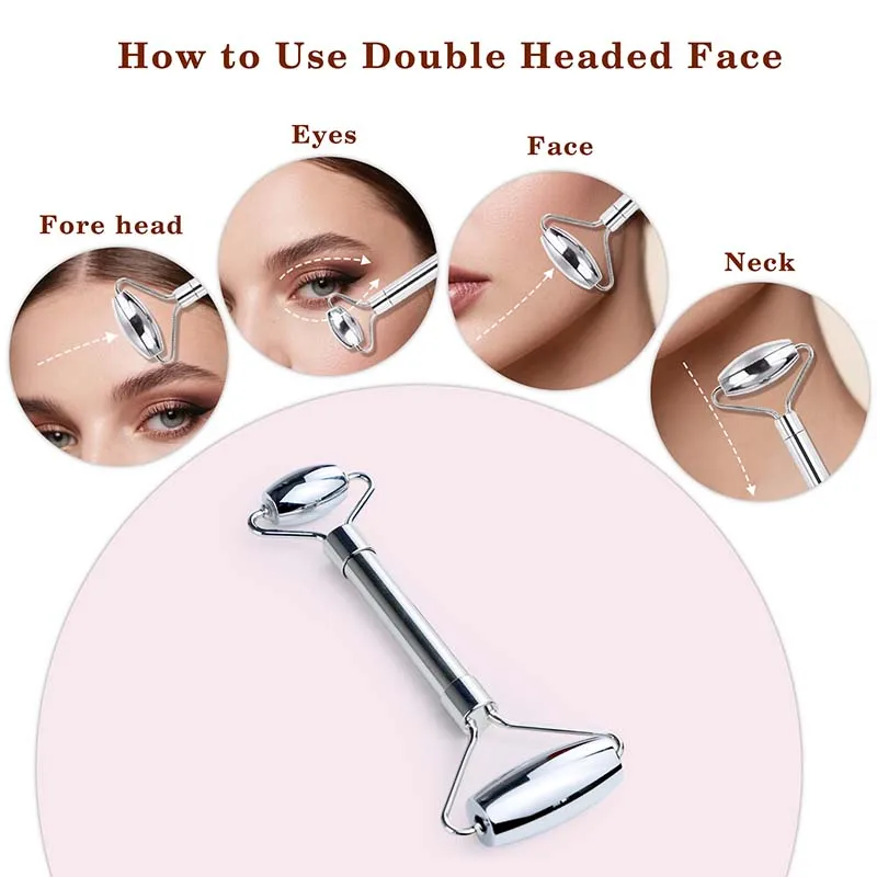 Eiscoller aus Edelstahl, Gua Sha und Gesichtsroller-Set für Gesichtsmassage, Lymphdrainage, Gesichtsformung, inklusive Beutel