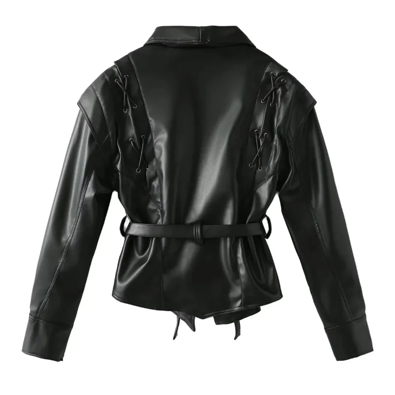 Pu Motorcycle Coat Fashion Black Coffee Faux Leather Jacket For Women Spring Autumn V Neck Casual Ladies Outwear Match With Belt