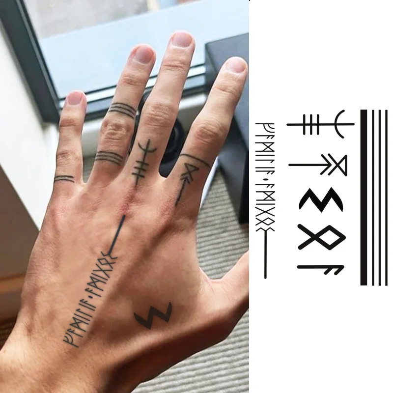 Ink temporary tattoo with Viking symbols, mysterious totems, dark style, cool text lines, pirate design, summer men's hand and neck dual-use tattoo sticker, long-lasting and waterproof for 3-7 days