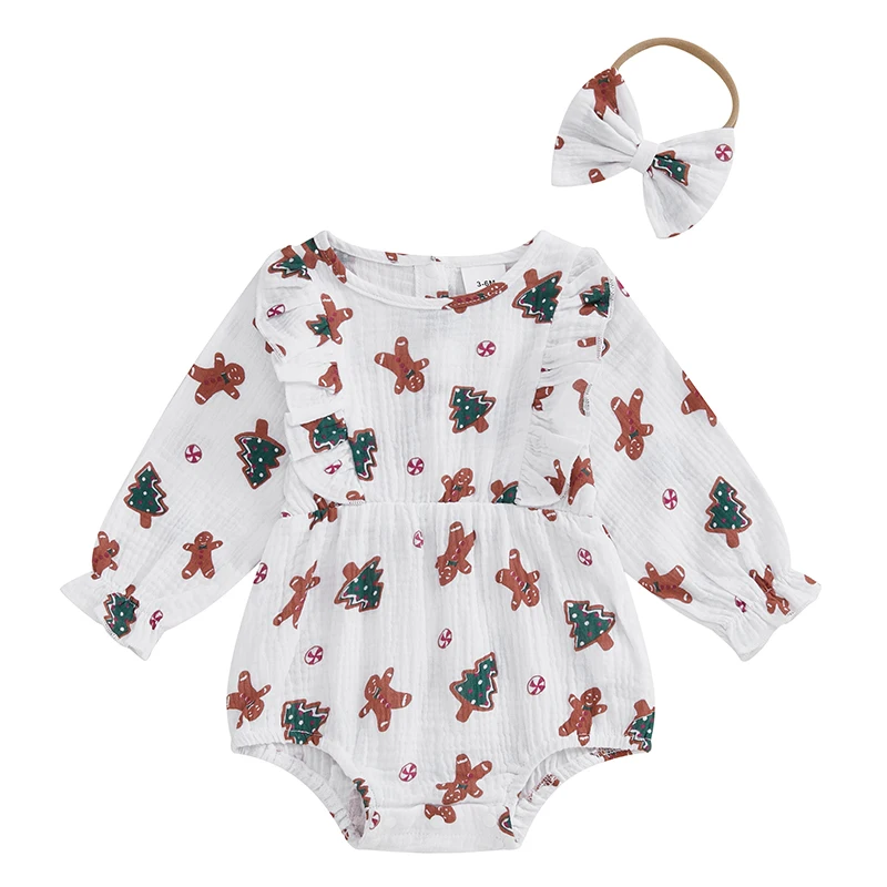 

Baby Girls Romper Gingerbread Christmas Tree Print Long Sleeve Jumpsuits and Cute Headband Set for Toddler Outfits