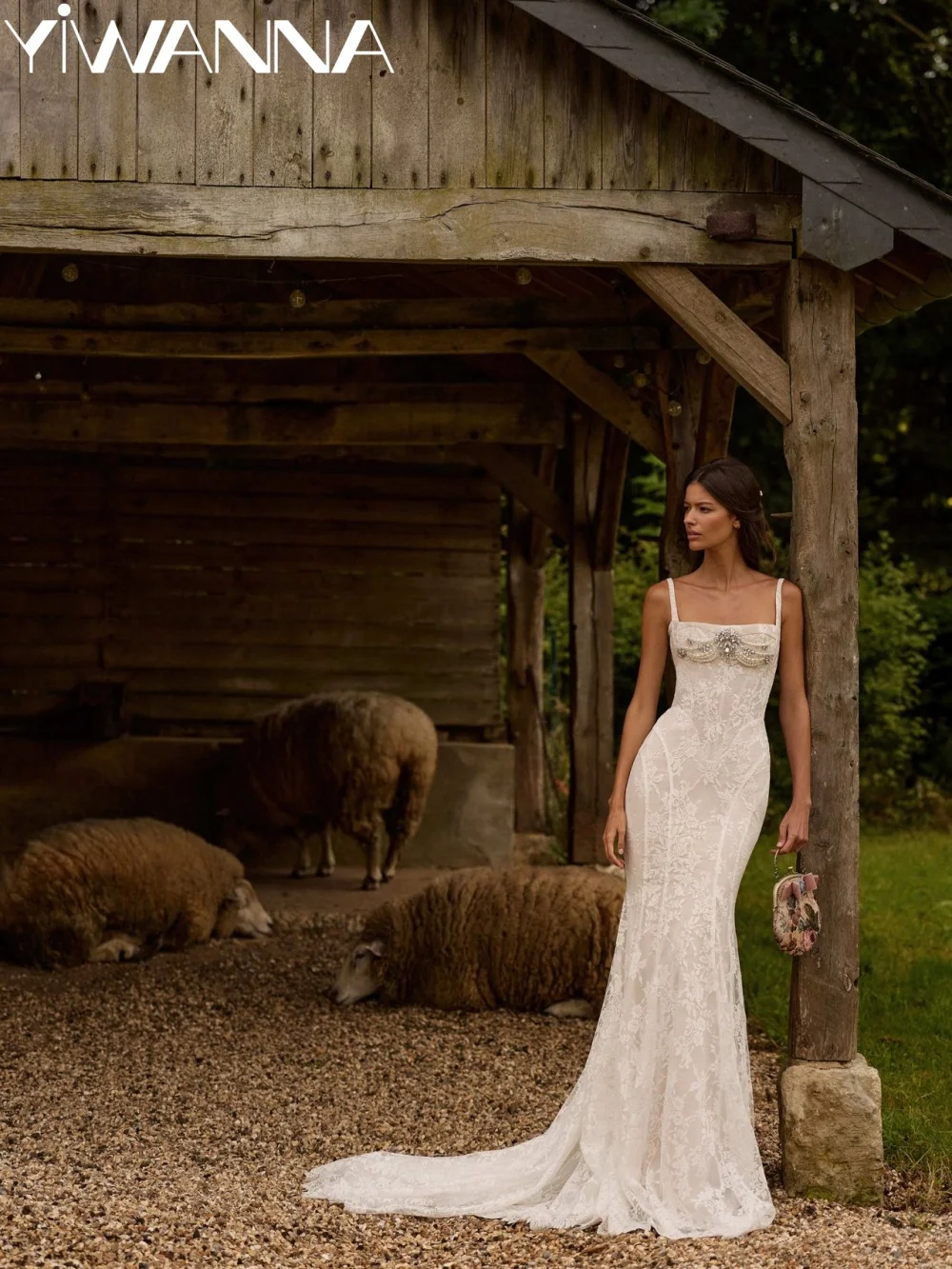 

Hand-sewn Crystal Lace Wedding Dress Square Neck Mermaid Long Bridal Gown Customized New Elegant Thin Straps Dresses For Bride