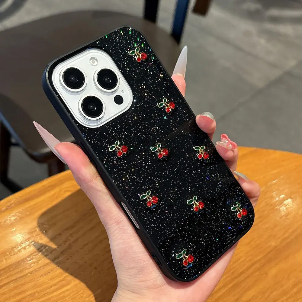 

Cute Cartoon 3D Cherry Black Epoxy Silicone Phone Case For iPhone 16 11 12 13 14 15 Pro Max 14 15 16 Plus Shockproof Cover Funda
