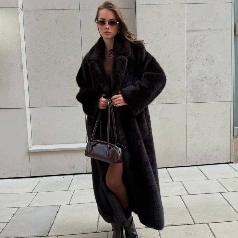 

Tuularose Faux Fur Long Coat Women's Lace-up Thickened Long Fur Coat Jacket 2025 Winter Fluffy Plush Warm Lapel Vintage Outwear