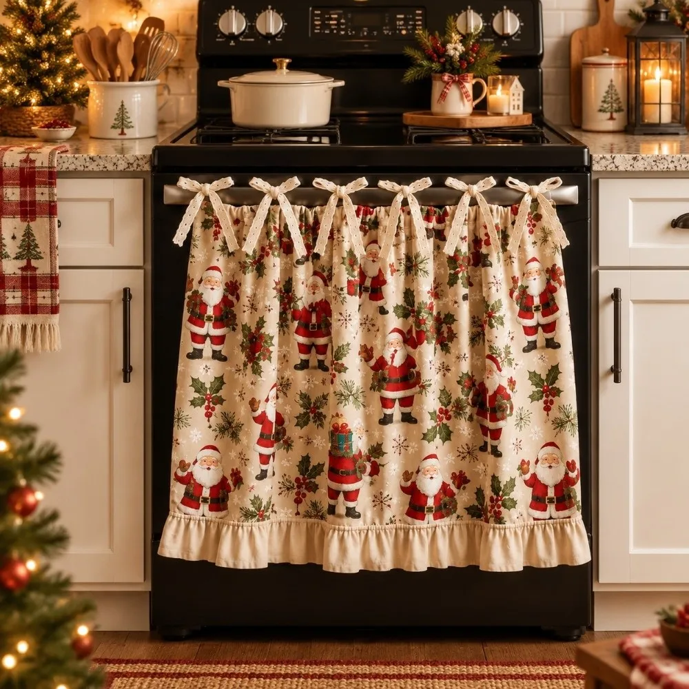Ruffle Edge Christmas Oven Short Curtain Xmas Tree Decorative Santa Oven Cover Curtain Flower Countryside Style