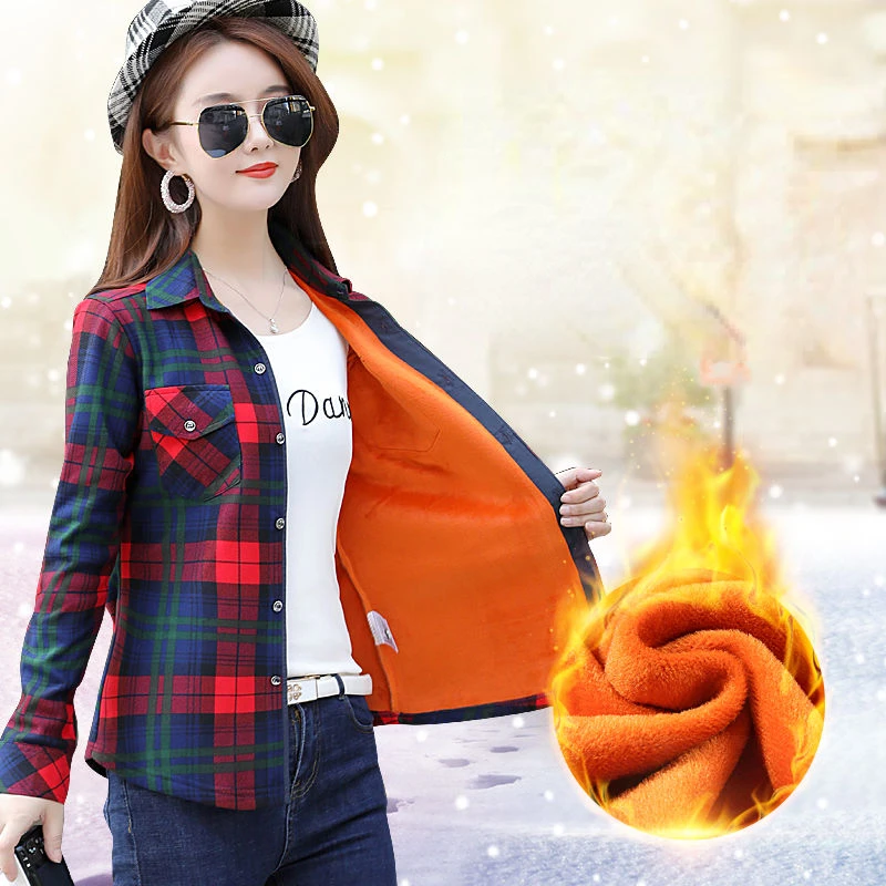 Autumn Winter Plaid Shirt Women Fleece Blouse Slim Long-sleeved Warm Women\'s Clothing Trends Tops Single Breasted Shirts Mujer