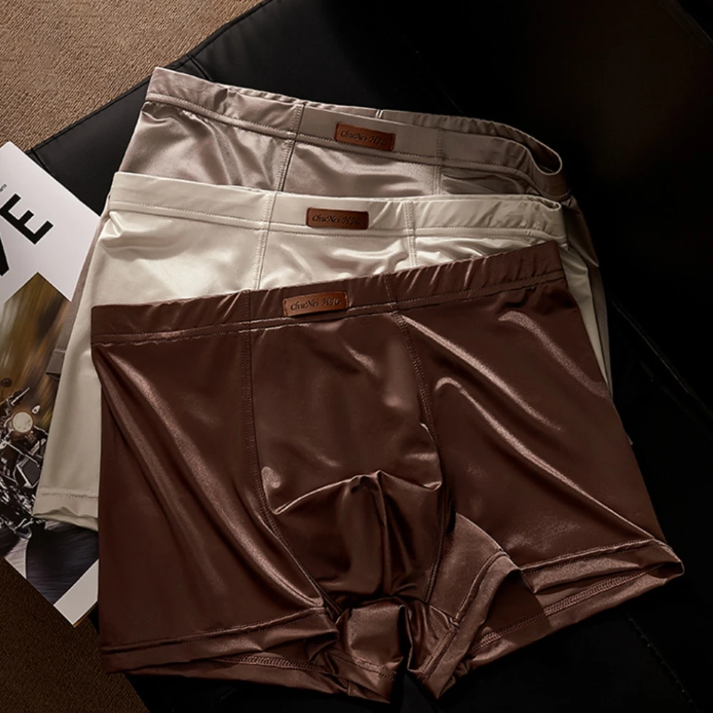 Skin Friendly Fabric Men Ice Silk Satin-like Trunks Smooth Boxer Shorts Underwear Soft Breathable Panties Casual Basic Style