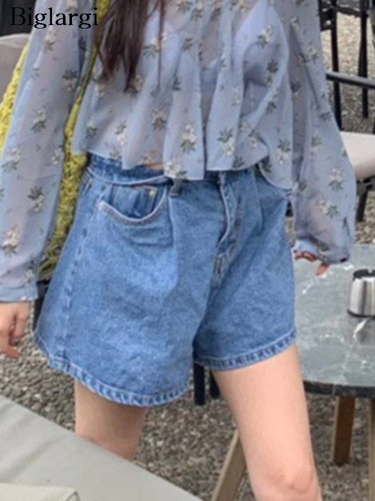 

Jeans Summer High Waist Mini Denim Shorts Women Retro Fashion Ruffle Pleated Ladies Trousers Pleated Loose Korean Woman Shorts