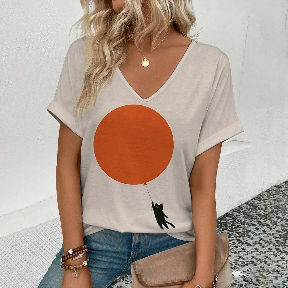 Camiseta feminina casual com estampa 3D, roupas americanas e européias, Amazon AliExpress, top de moda solto, novo, 2024