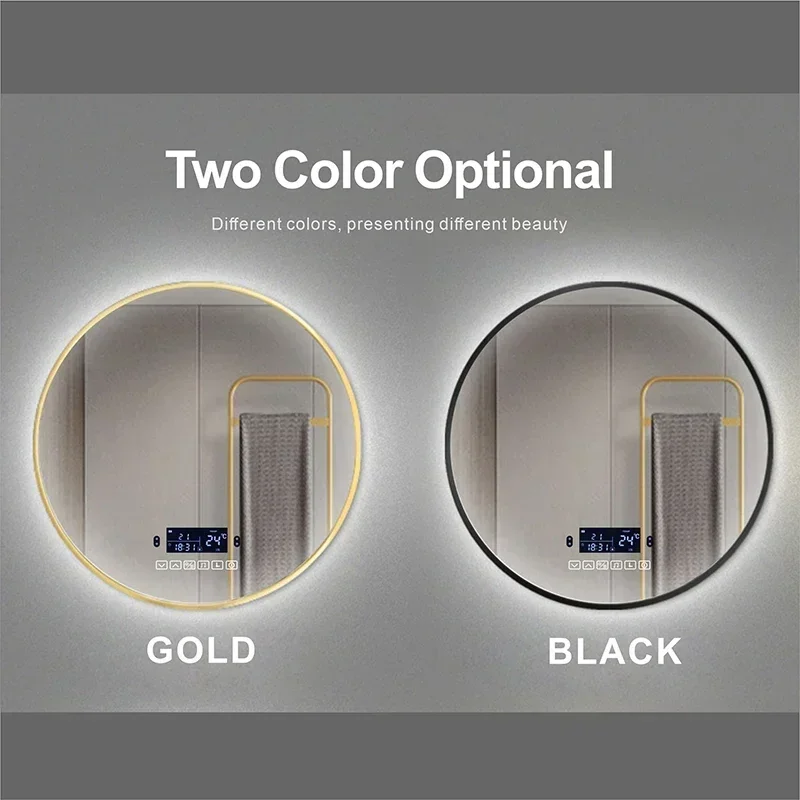 Round Black Frame LED Smart Bathroom Makeup Mirror With Bluetooth Body Induction Defogging 3 Color Light Cosmetic Mirror