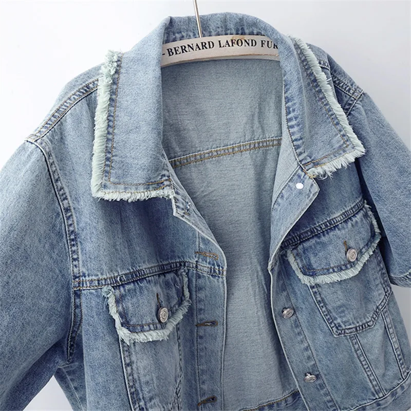 Zomer Vintage Lichtblauw Kort Denim Jasje Verzwakte Bramen Grote Zak Revers Korte Mouw Single-Breasted Jeans Jas Vrouwelijke Jas