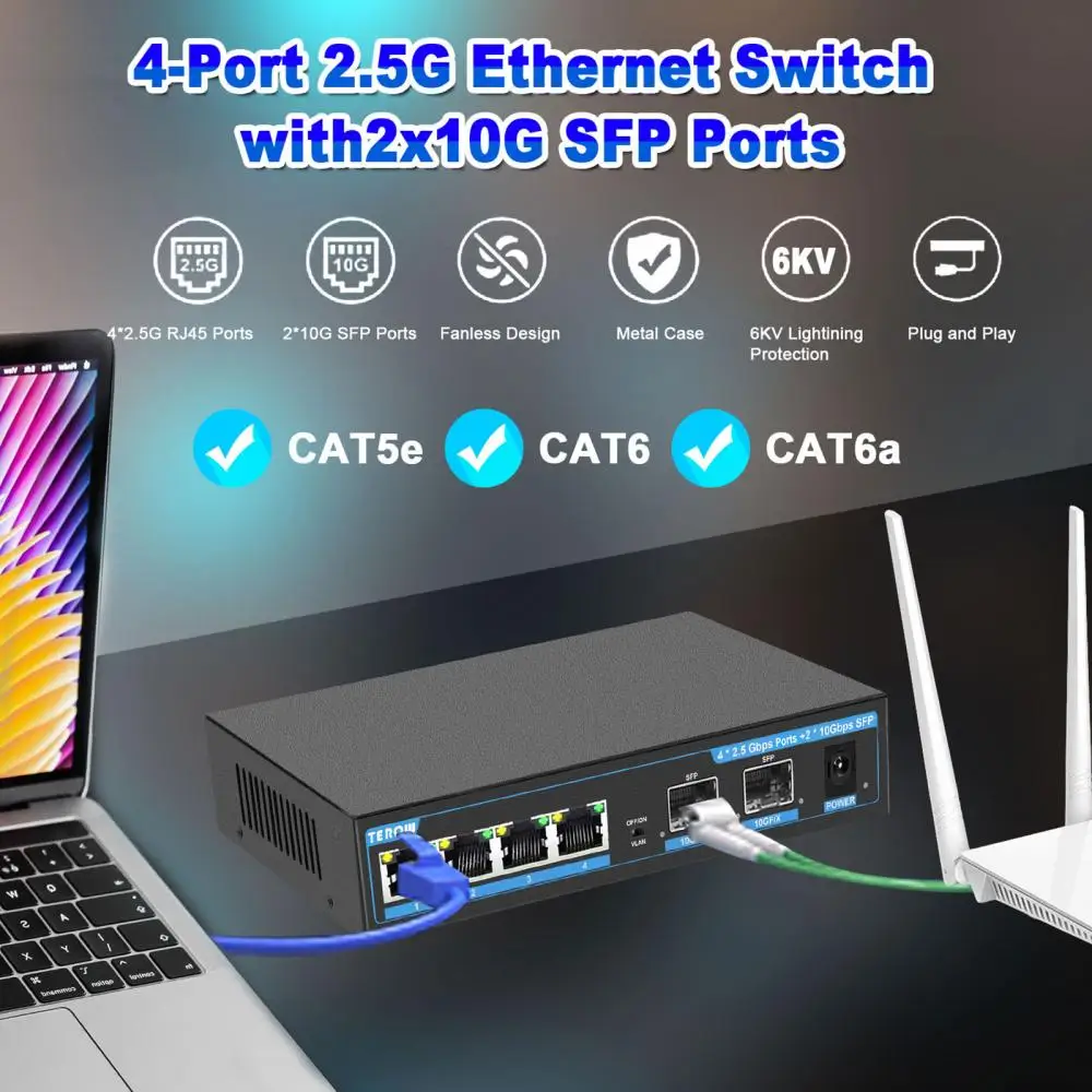 TEROW 2.5Gbps 4 Port Ethernet Switch and 2 Port 10G SFP Network Unmanaged 1G/2.5G Speeds Gigabit Switch  LAN Hub for Wireless AP