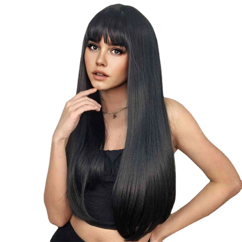 Long Straight Hair with Bangs Heat Resistant Fiber Can Be Dyed and Permed Classy Behavior Full Head Covering of Chemical Fiber