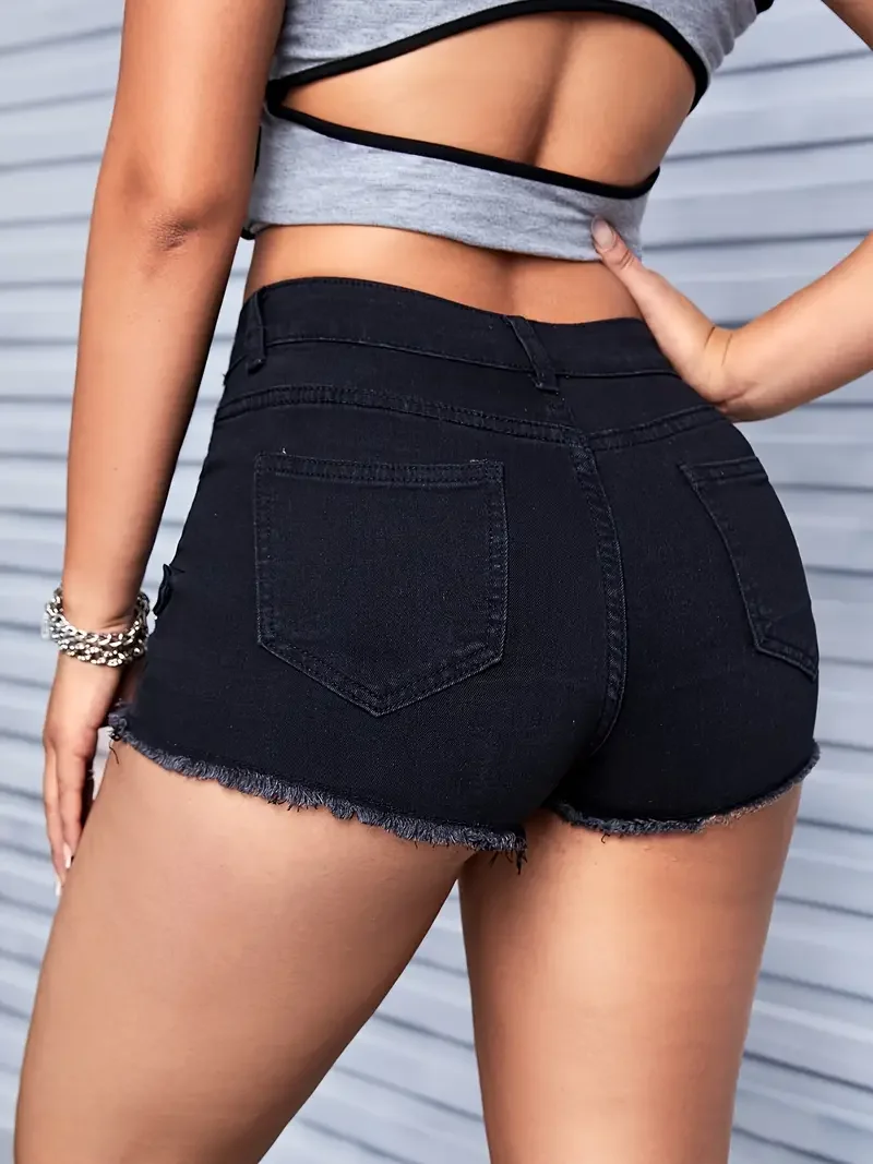 Women High-waisted Denim Shorts, Street-style Denim Hot Pants, Casual Raw Hem Shorts