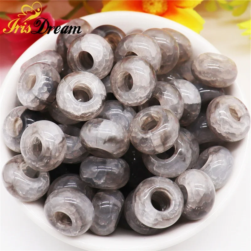 10Pcs Black Color Cracked Jelly 14x8mm Round Loose Spacer Beads no Metal Core 5mm Large Hole Fit Charms Bracelet Jewelry