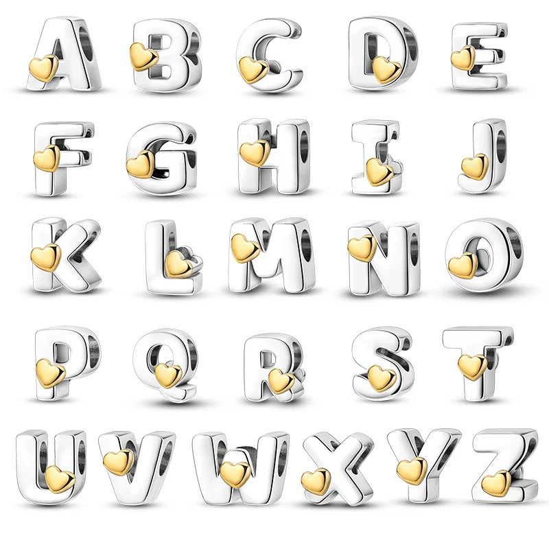 

925 Sterling Silver Classic Golden Heart 26 Alphabet Letters Charms Beads Fit Brand 3mm Bracelets Lucky Birthday DIY Jewelry Gif