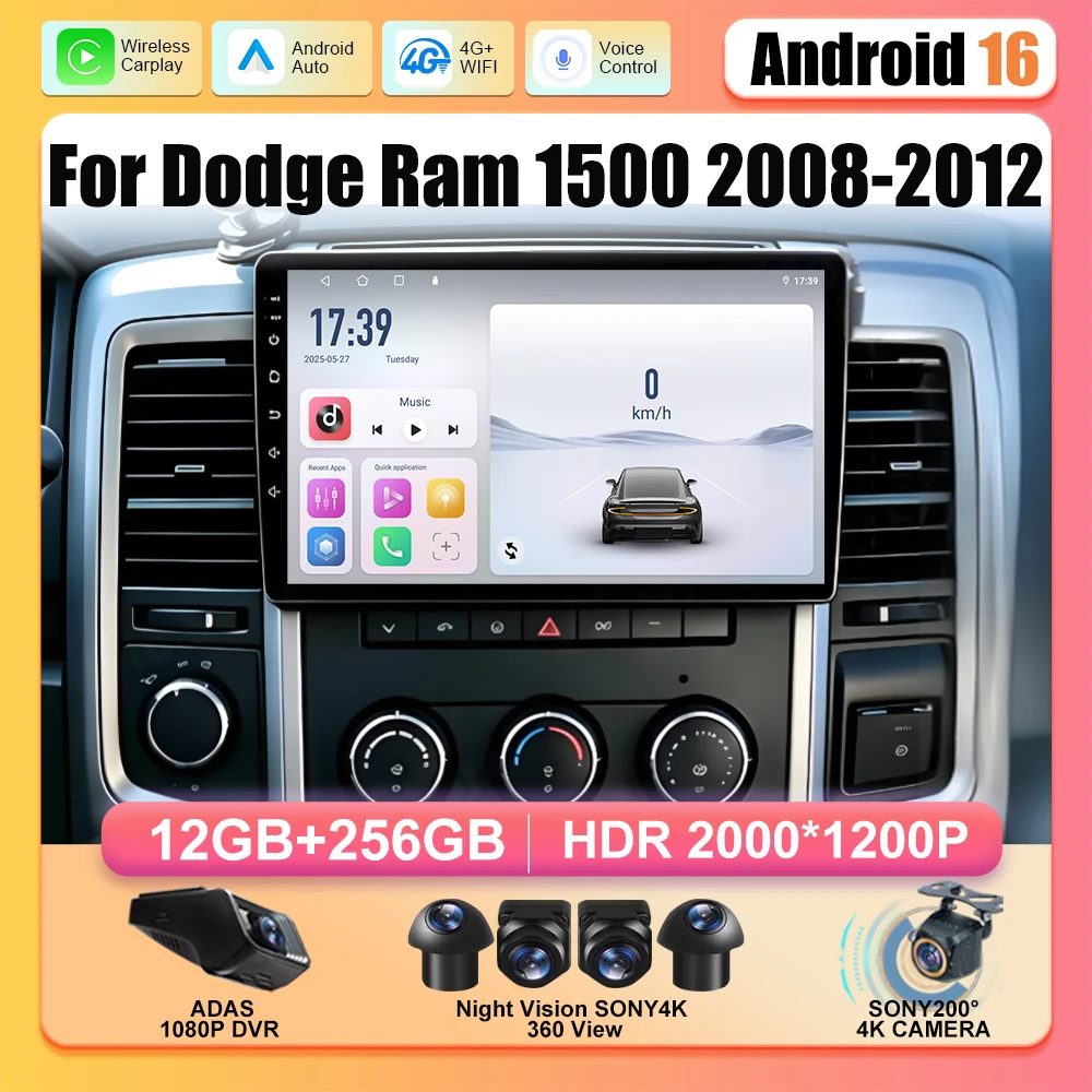 Android 16 Car Radio Carplay For Dodge Ram 1500 2008-2012 Auto Multimedia Video Player Navigation GPS Stereo Head Unit NO 2din