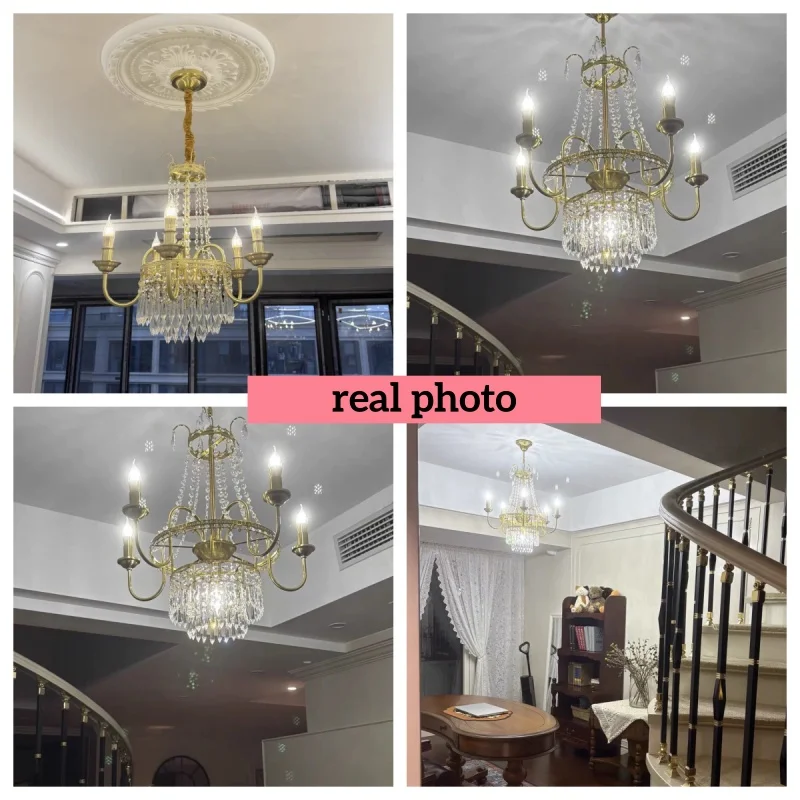 French Retro Copper Crystal Style Small Chandelier Bedroom Bedside Hanging Lamp Aisle Porch Cloakroom Corridor Pendent Lighting