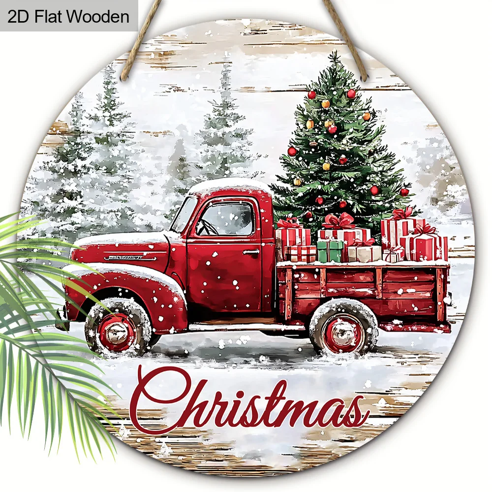 2D Flat, 1pc Christmas Round Wooden Hanging Ornament - Red Truck with Presents & Snowy Evergreen Tree Design, Rustic Farmhouse H