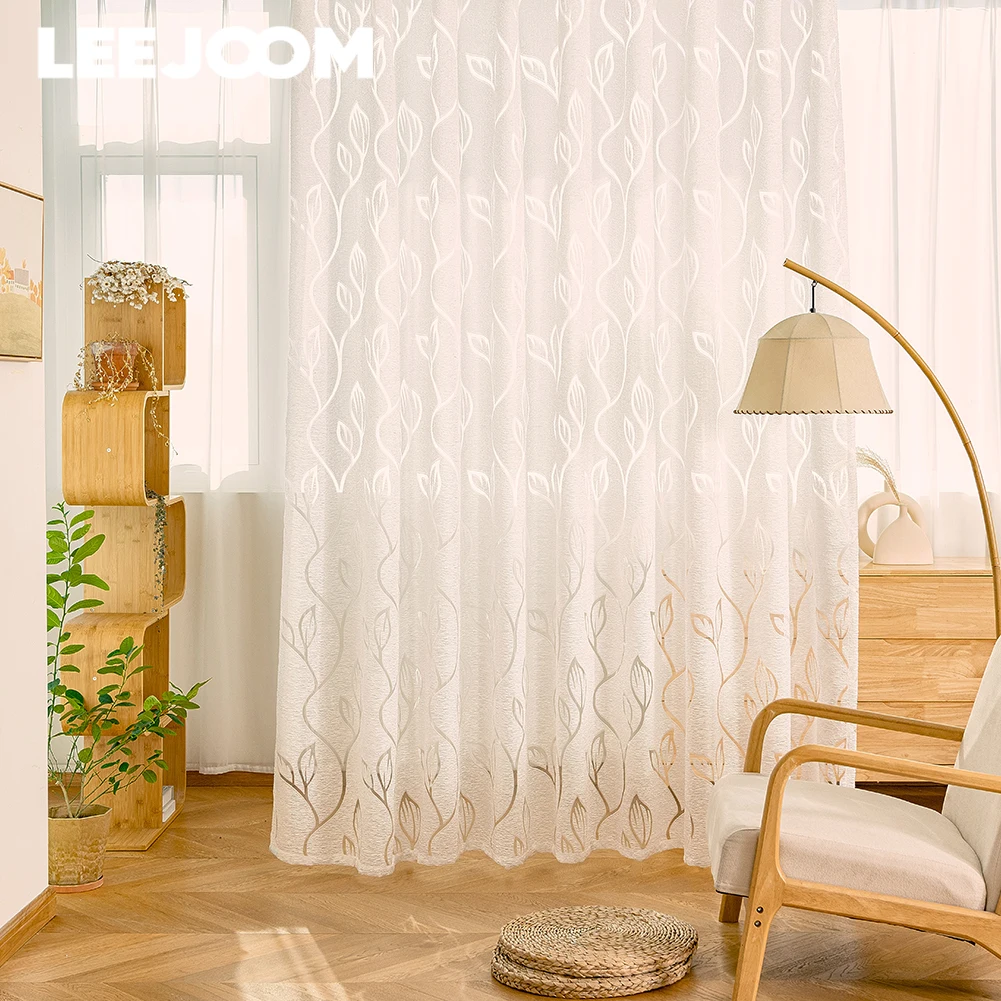 Jacquard Curtain for Living room Leaf Designer White Polyester Fiber Window Screen Floor Window Screen Home Decor