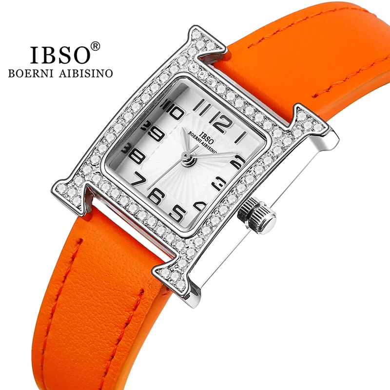 IBSO 2023 New Luxury Women Rectangle Watches Japanese Quartz Movement Ultra-Thin 3ATM Waterproof Full Diamond Genuine Leather