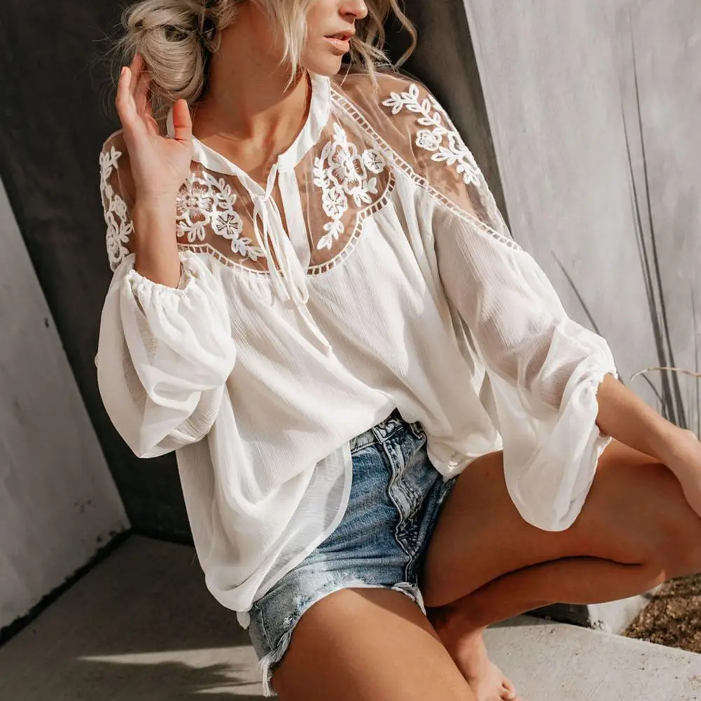 Women V-neck Long Sleeve Front Lace-up Casual Blouse Flower Pattern Embroidery Lace Patchwork Shirt Top Female Clothing