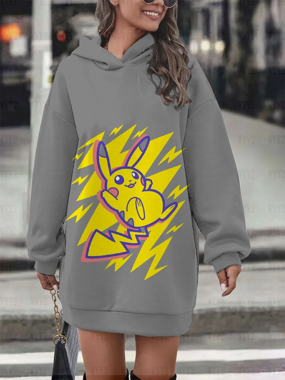 New Spring and Autumn Women's Long Sleeve Hoodie Dress Printed Pikachu Cartoon 2024 Street Loose Casual Sweater Women