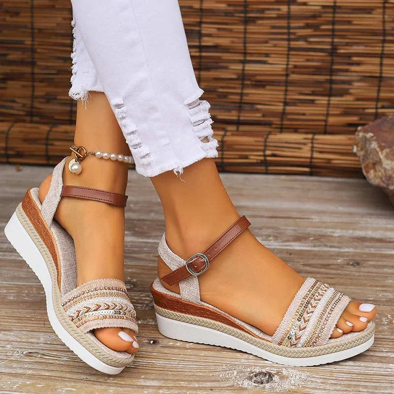 Women's Braided Casual Sandals Buckle Strap Platform Wedge Sandles for Women Summer Light Non Slip Walking Sandalias Mujer