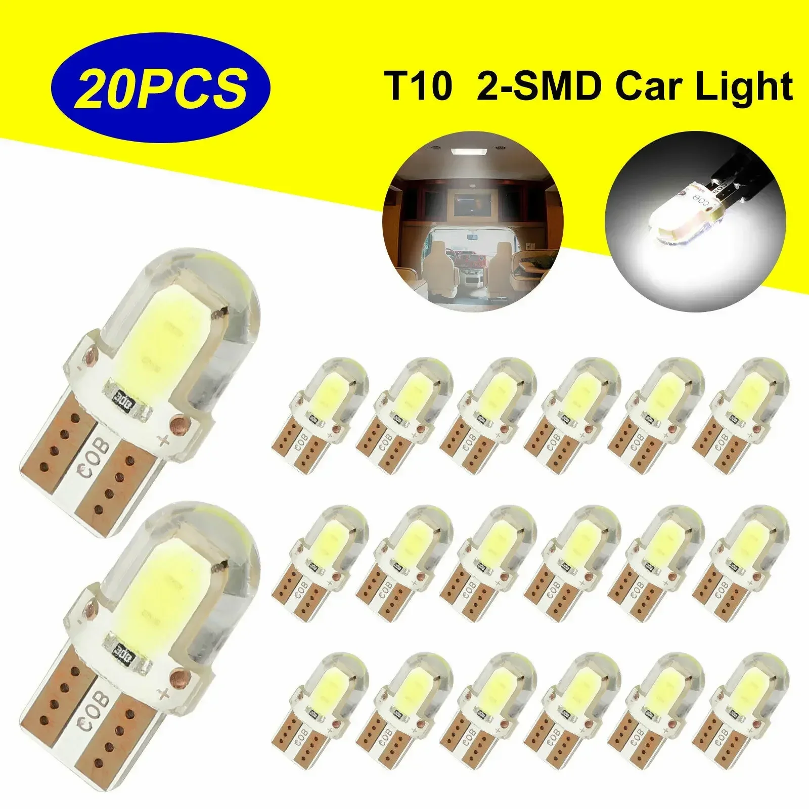 20PCS T10 COB Crystal Silicone Short W5W Astigmatism High Brightness Transparent Waterproof Width Indicator Light