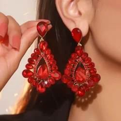 Red Gemstone Drop Earrings Fashion Geometric Sparking Tassel Earrings for Women Wedding Jewelry Accessories