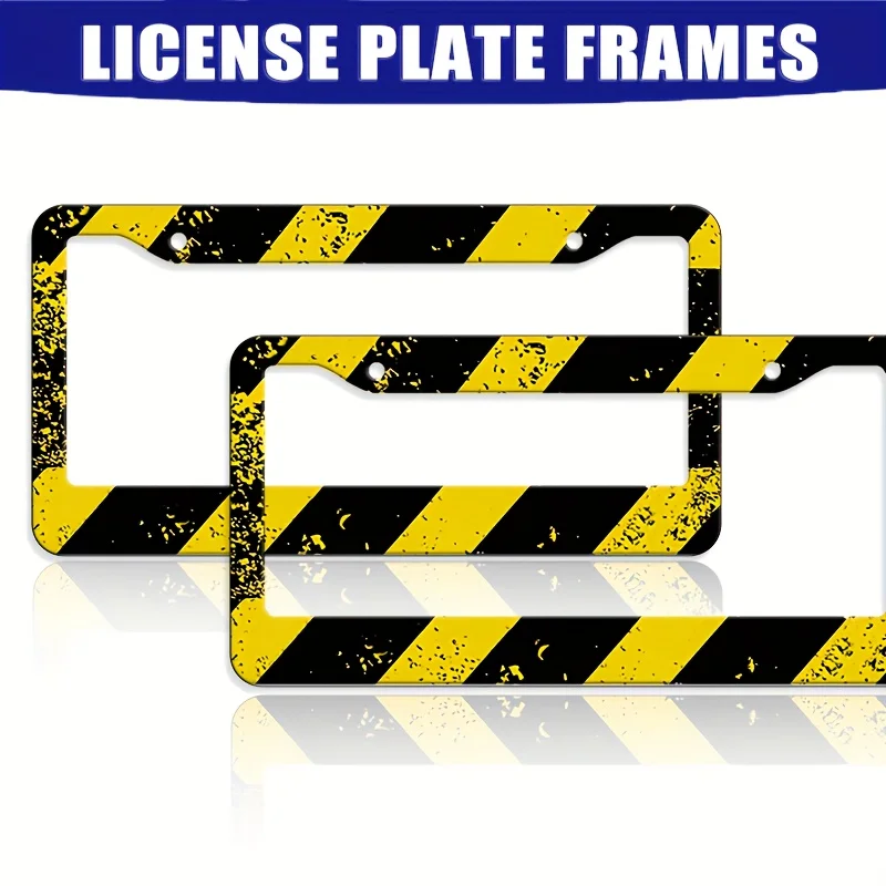 2Pcs Vintage Distressed Warning Stripe License Plate Frames Black Yellow Hazard Diagonal Stripes Industrial Style