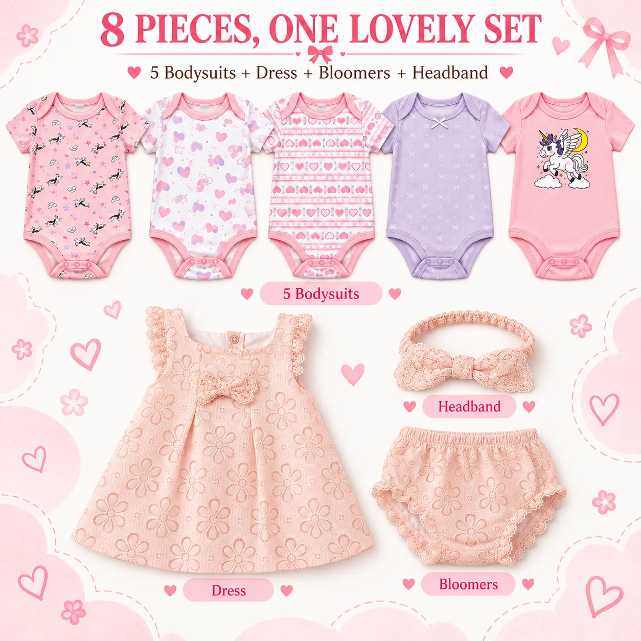 8Pcs Baby Girl Clothes Set Short Sleeve Bodysuits ＆ Floral Lace Dress Set with Bloomers and Bow Headband 6-12M