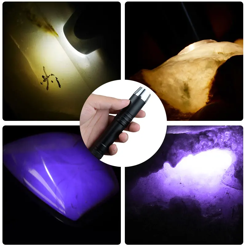 Linterna UV de identificación de piedras preciosas, 4 fuentes de luz, blanco y amarillo, 365nm, 395nm, luces de antorcha ultravioleta recargables +