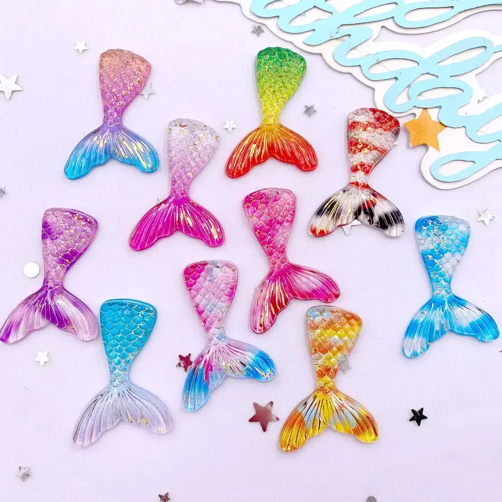 10pcs Glitter Colorful Resin Mermaid Tail Flat back Rhinestone Figurine DIY 1 Hole Decor  Art Scrapbook Jewelry Accessorie Craft