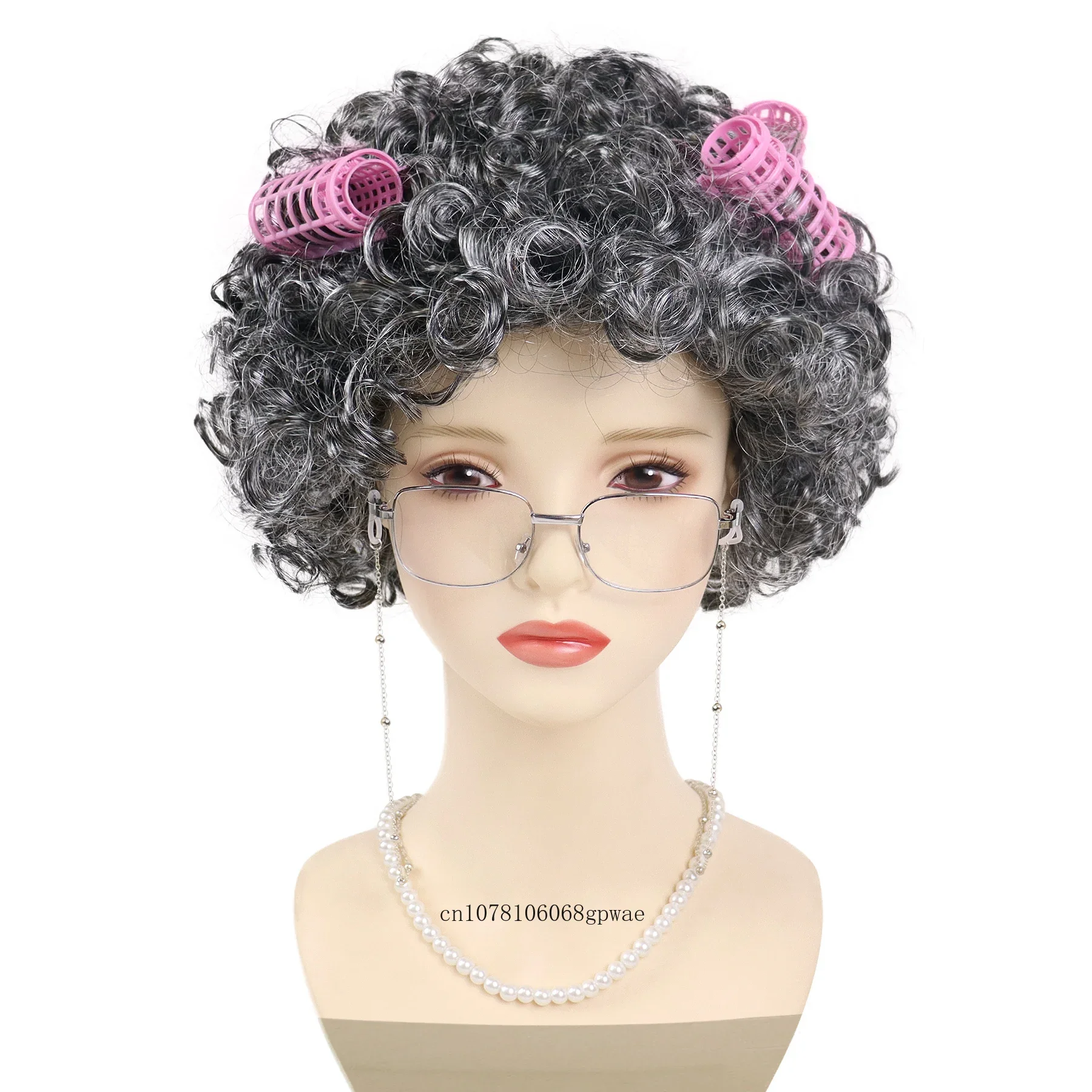 Synthetic Old Women Wig Set Grandma Wigs with Hair Rollers,Glasses,Eyeglass Chain,Pearl Necklace (5 Pieces) Dress Party Cosplay