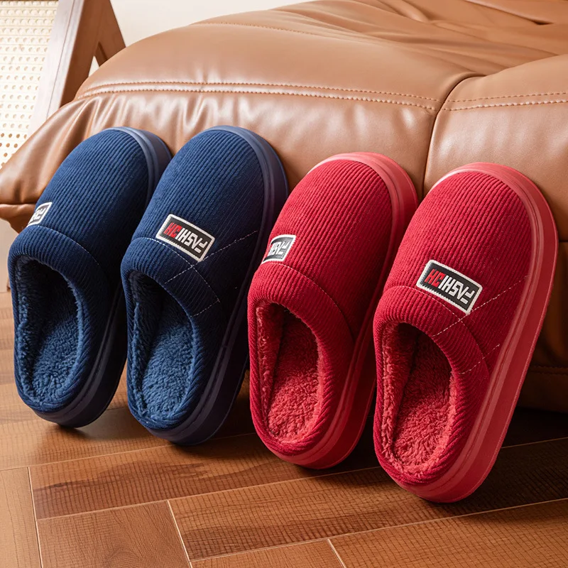 Unisex couple cotton slippers, winter indoor home non-slip thick sole, warm comfy floor slippers
