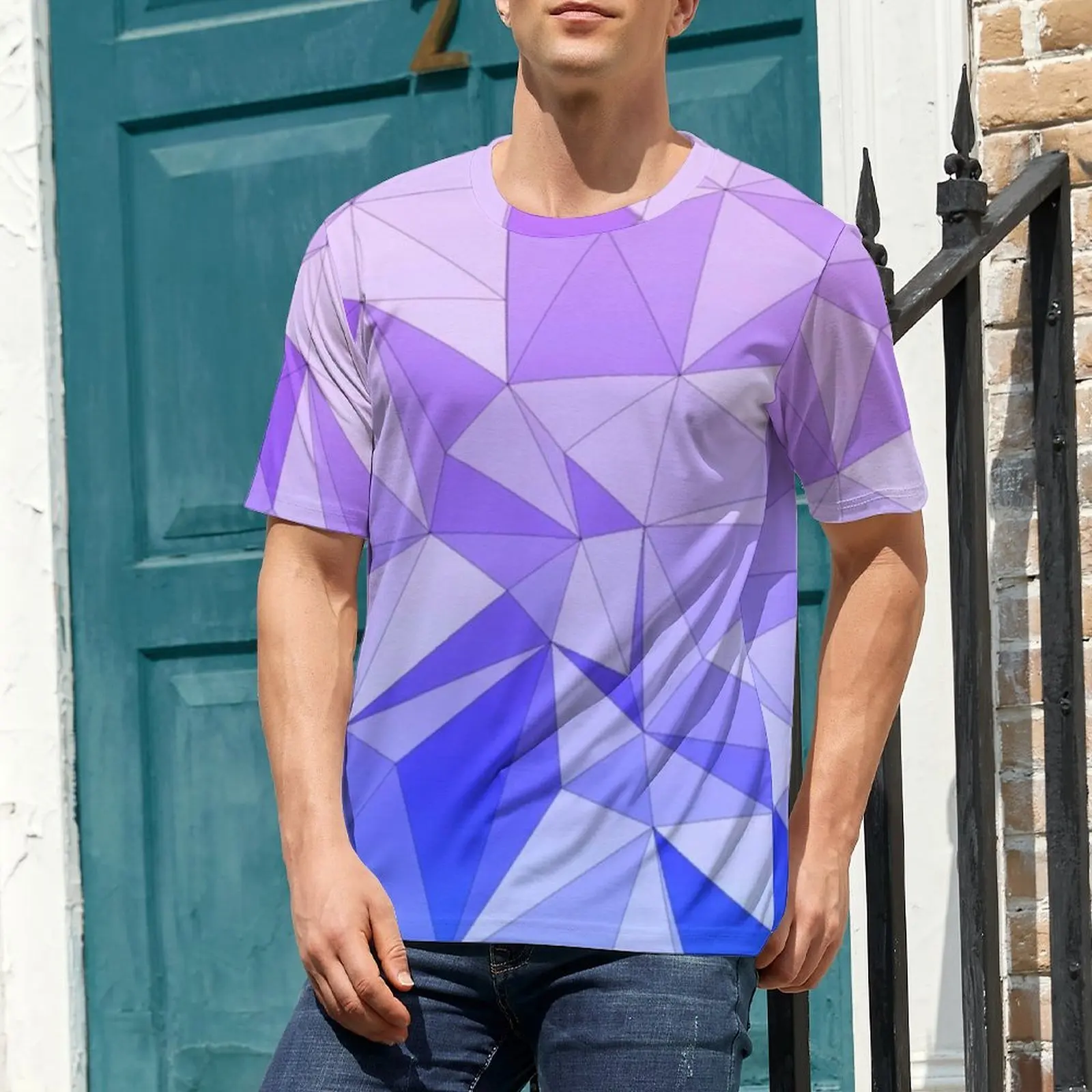 Summer T-Shirt Triangle Two Tone T Shirts Blue And Purple Streetwear Retro Tee Shirt For Men Short Sleeve Oversized Clothing