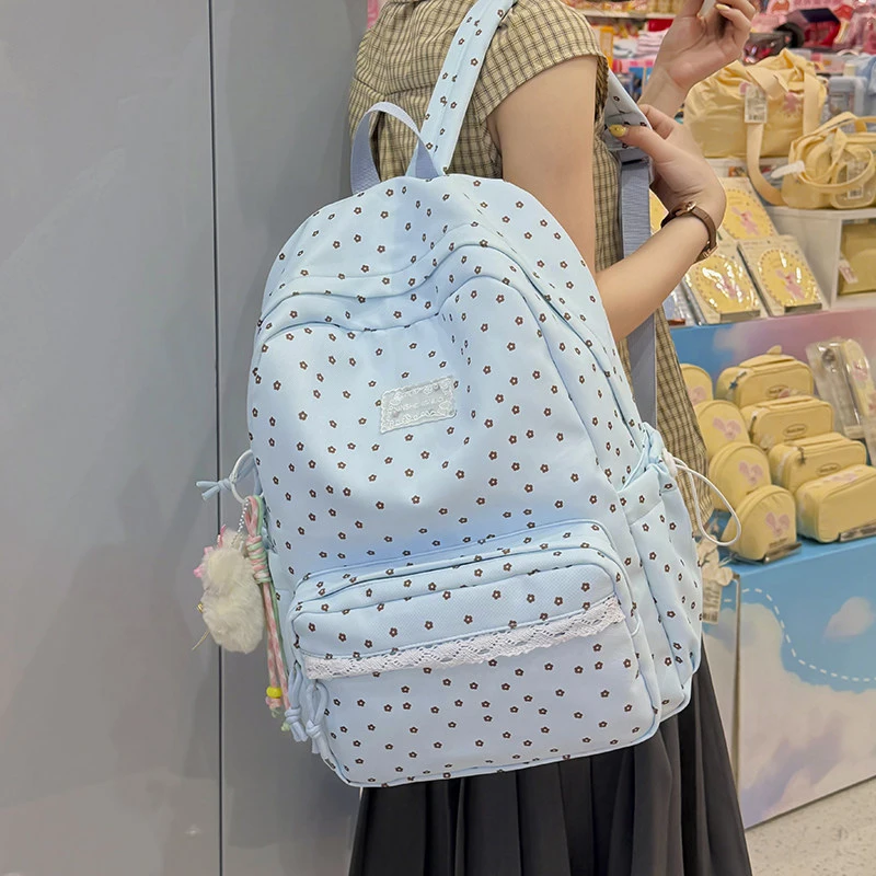 New Korean Style Ins Floral Girl Backpack with Lace High Capacity for Junior High School Students 13.3 14 Inch Laptop Backpack