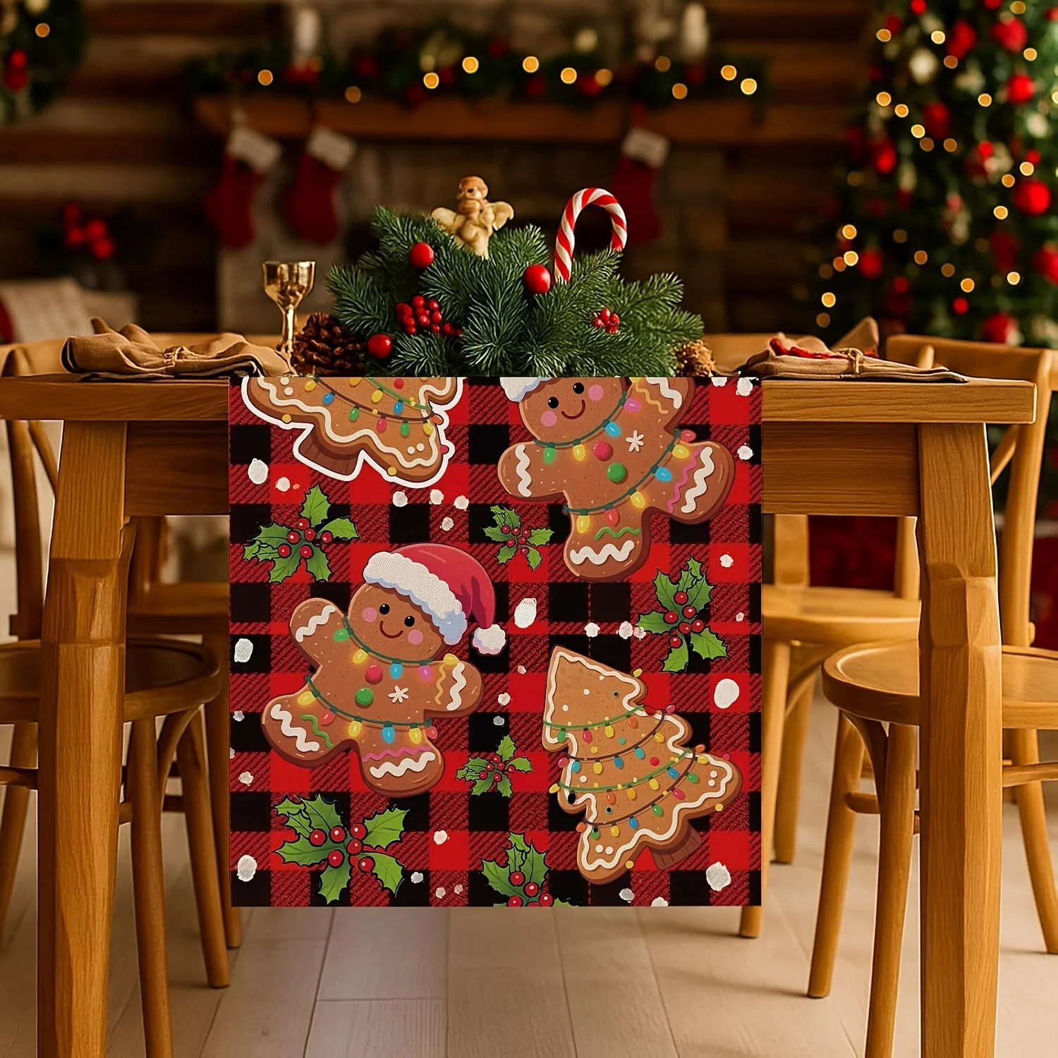 Christmas Gingerbread Man House Plaid Table Runner Winter Seasonal Decor for Dining Table Party Banquet