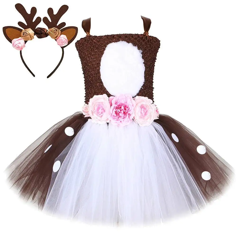 

Brown Flower Deer Costume for Girls Christmas Reindeer Lined Fancy Dress for Kids New Years Clothes Children Xmas Holiday Outfit