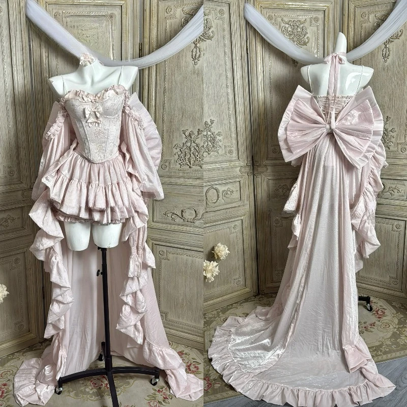 Sweet Lolita Princess Ball Gown, Flower‑Embroidery Trailing High‑Waist Tube‑Top Bow Dress for Women Birthday Party Cosplay Wear