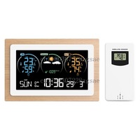 VA Color Screen Weather Station Indoor and Outdoor Thermohygrometer Wood Wireless Weather Forecast Alarm Clock Double Noise