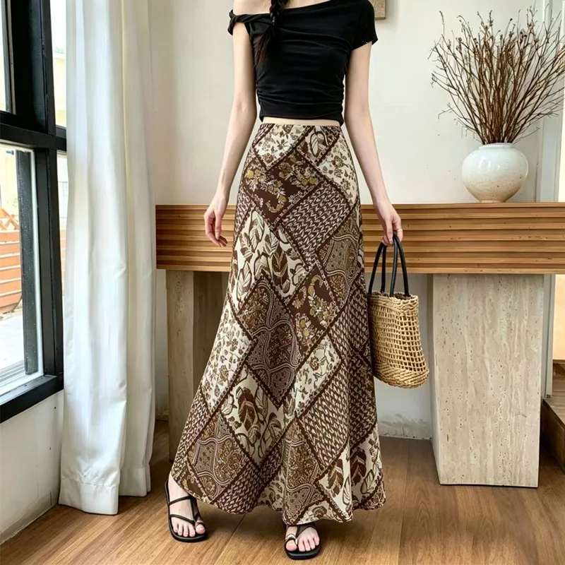 Harajuku Boho Patchwork Floral Print Maxi Skirt Women High Waist Split Slim Long Skirt Elegant Summer Holiday Beach Casual Botto